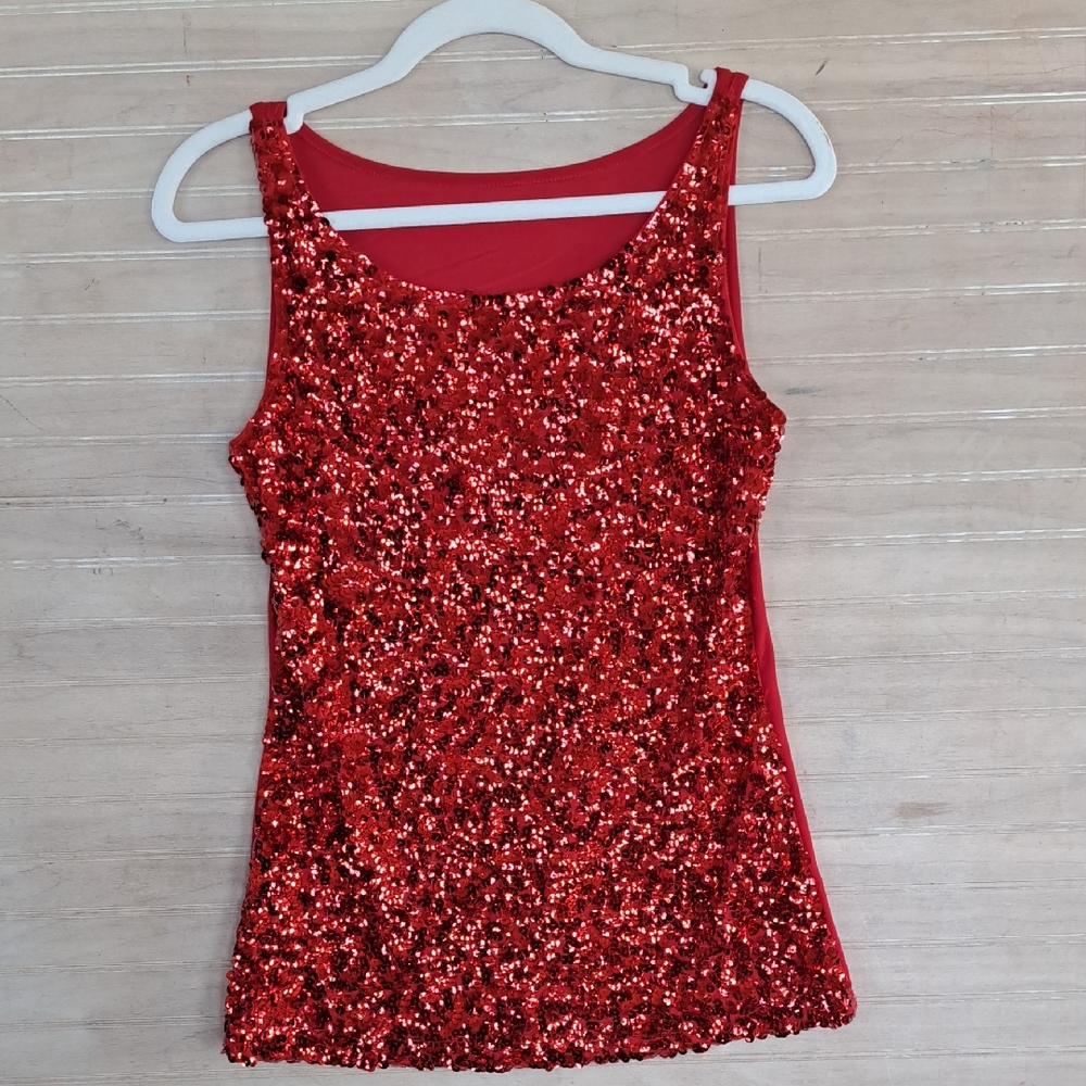 Red Sequin Tank Top Sleeveless Stretch Party Dancewear Performance Shirt Glam